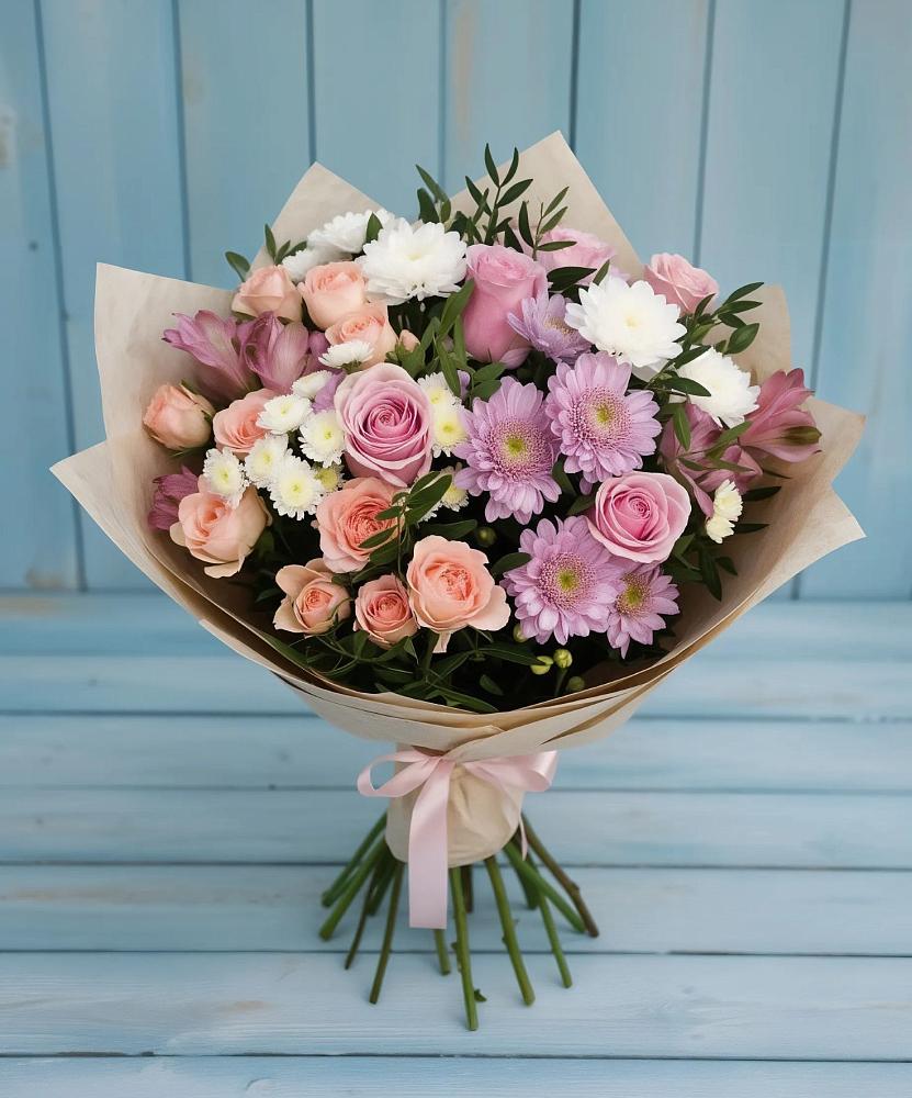 Букет цветов из: Хризантемы, Розы и Альстромерии в Мамакане