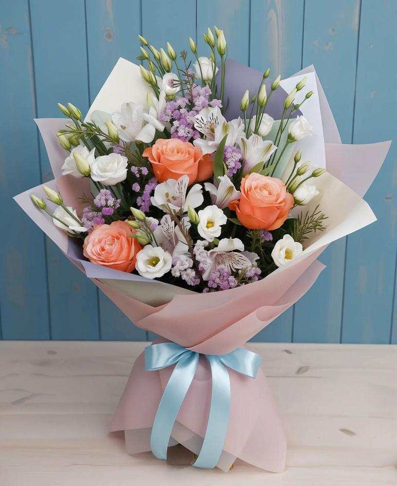 Букет цветов из: Лизиантусы, Розы, Альстромерии и Гипсофила в Мамакане